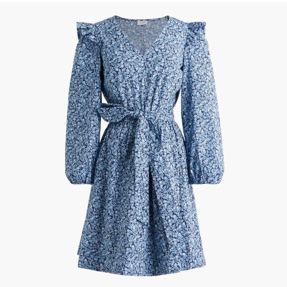 J. Crew Factory Blue Floral Ruffle Shoulder Puff Sleeve V Neck Mini Dress - Picture 3 of 16